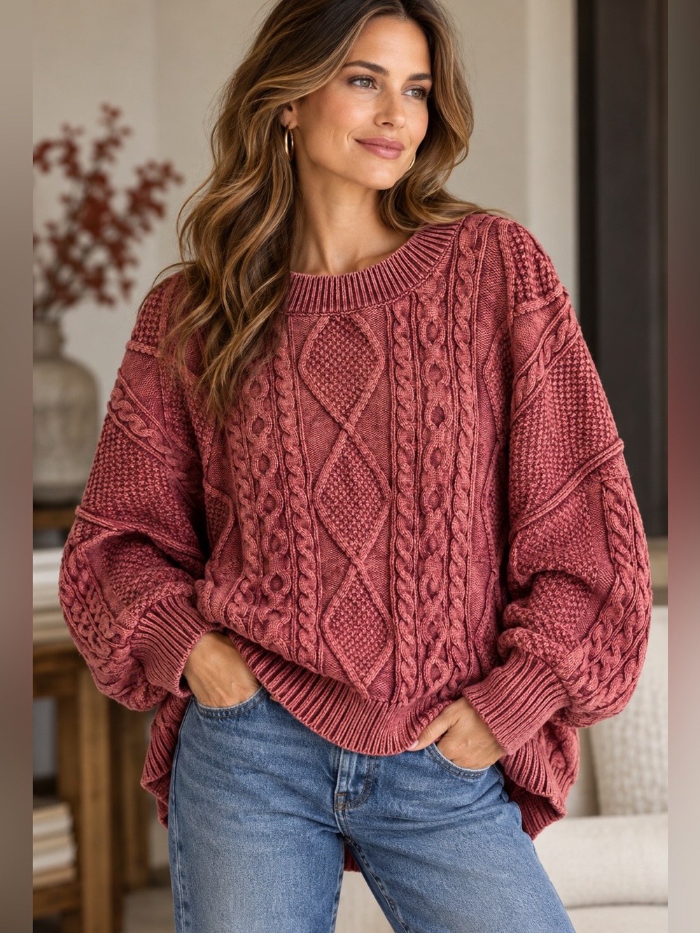 White Birch Rust Acid Wash Cable Knit Oversized Sweater Small
